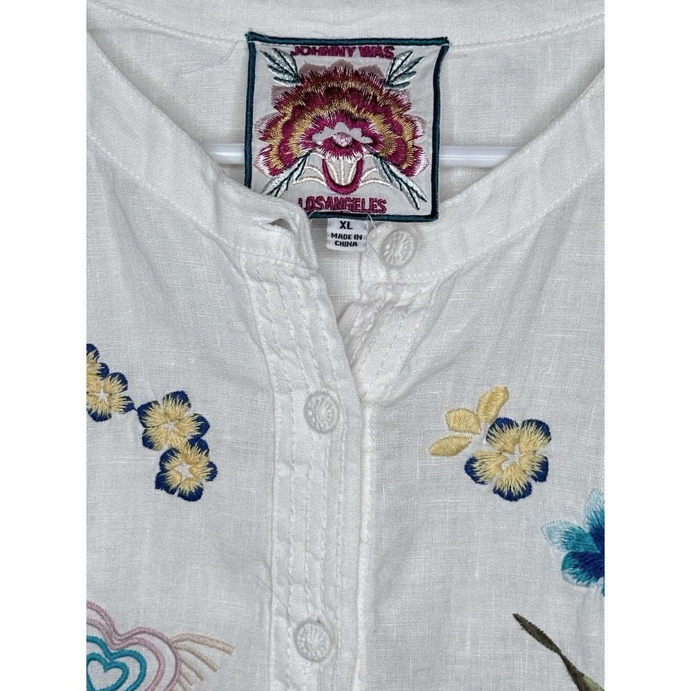 Johnny Was XL Jessi Shirred Yoke Blouse White Linen Embroidered Button Up Top - Picture 13 of 14